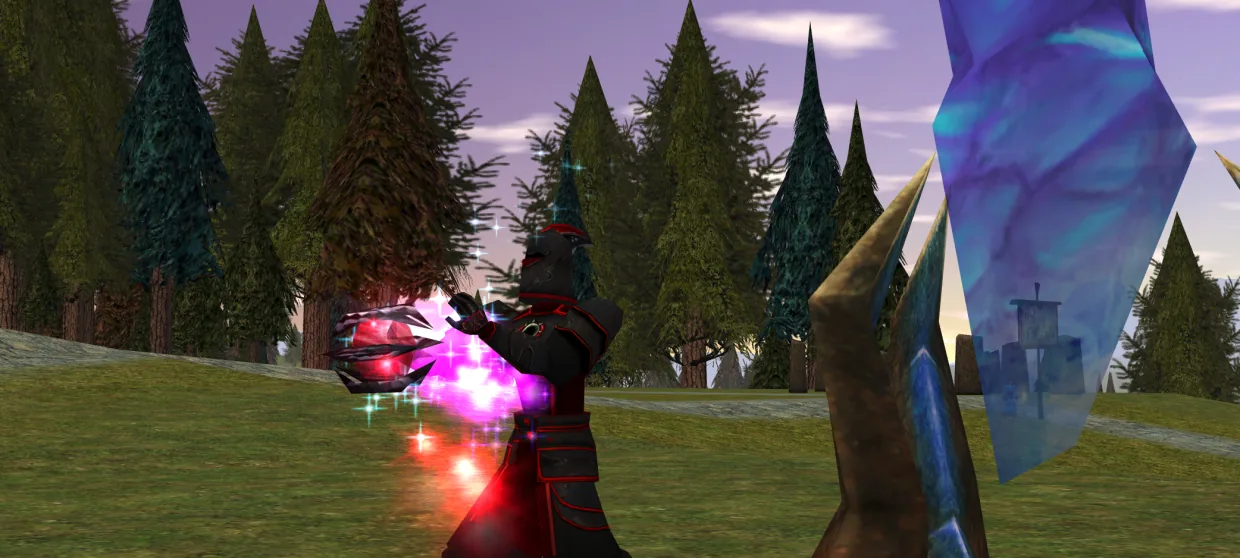 A robed spellcaster mid-cast in Asheron's Call, a magenta spell effect gathering at their hands, with a blue portal crystal and pine forest behind.